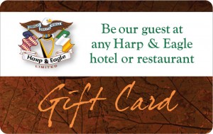 Gift card for dining at Harp & Eagle hotel or restaurant.