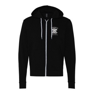 Black zip-up hoodie with white drawstrings and small graphic on chest.
