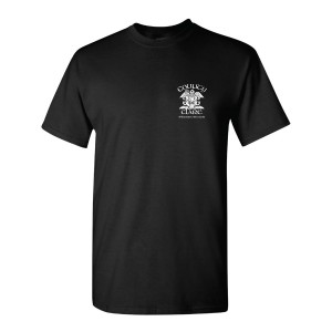 Black T-shirt with white logo on the chest pocket area.