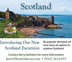 Scotland travel advertisement featuring a coastal castle and contact details.