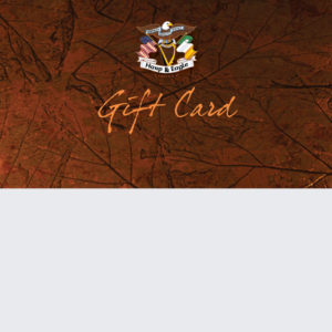 Elegant gift card with a brown leather texture and a colorful crest logo.
